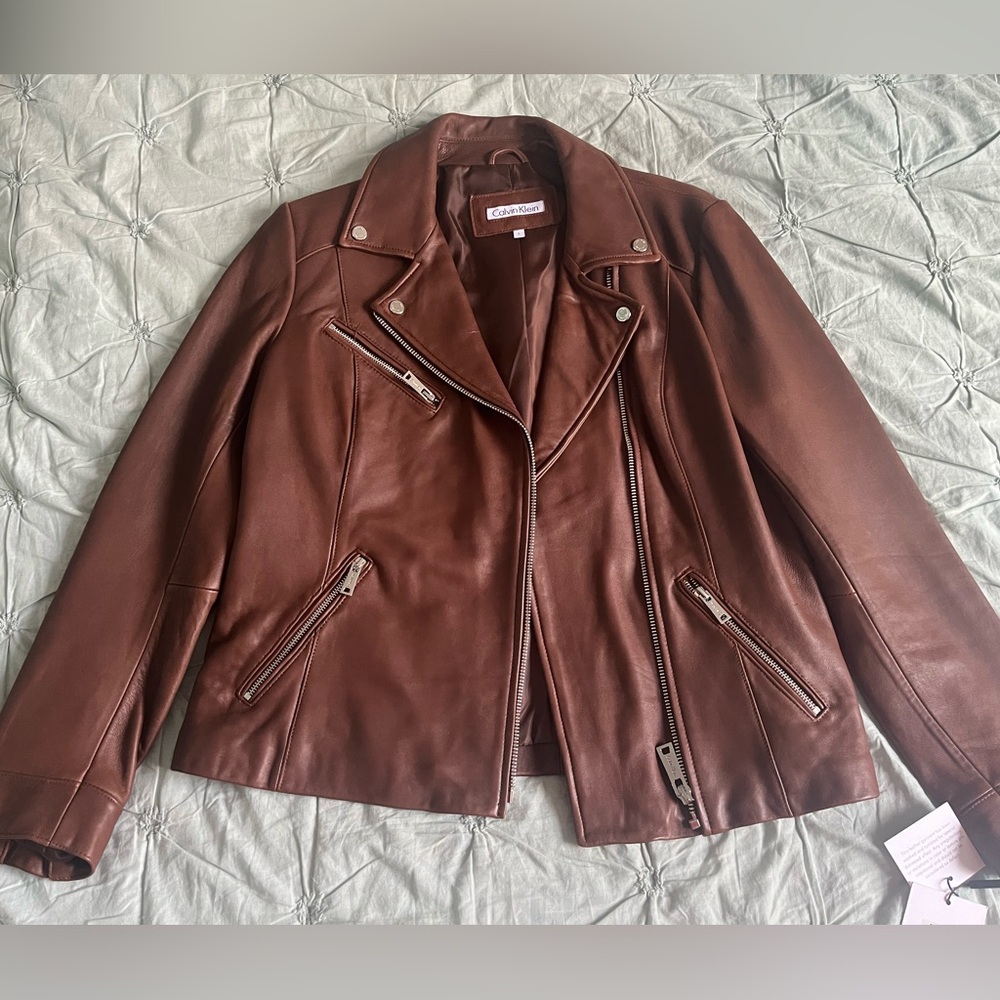 Calvin Klein Leather Moto Jacket Brown size large new with tags